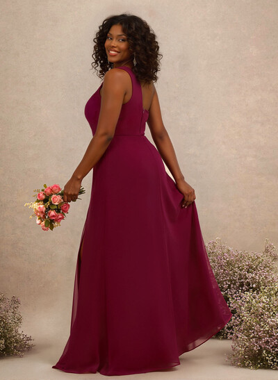 Classic One-Shoulder A-Line High Split Floor-Length Chiffon Bridesmaid Dresses