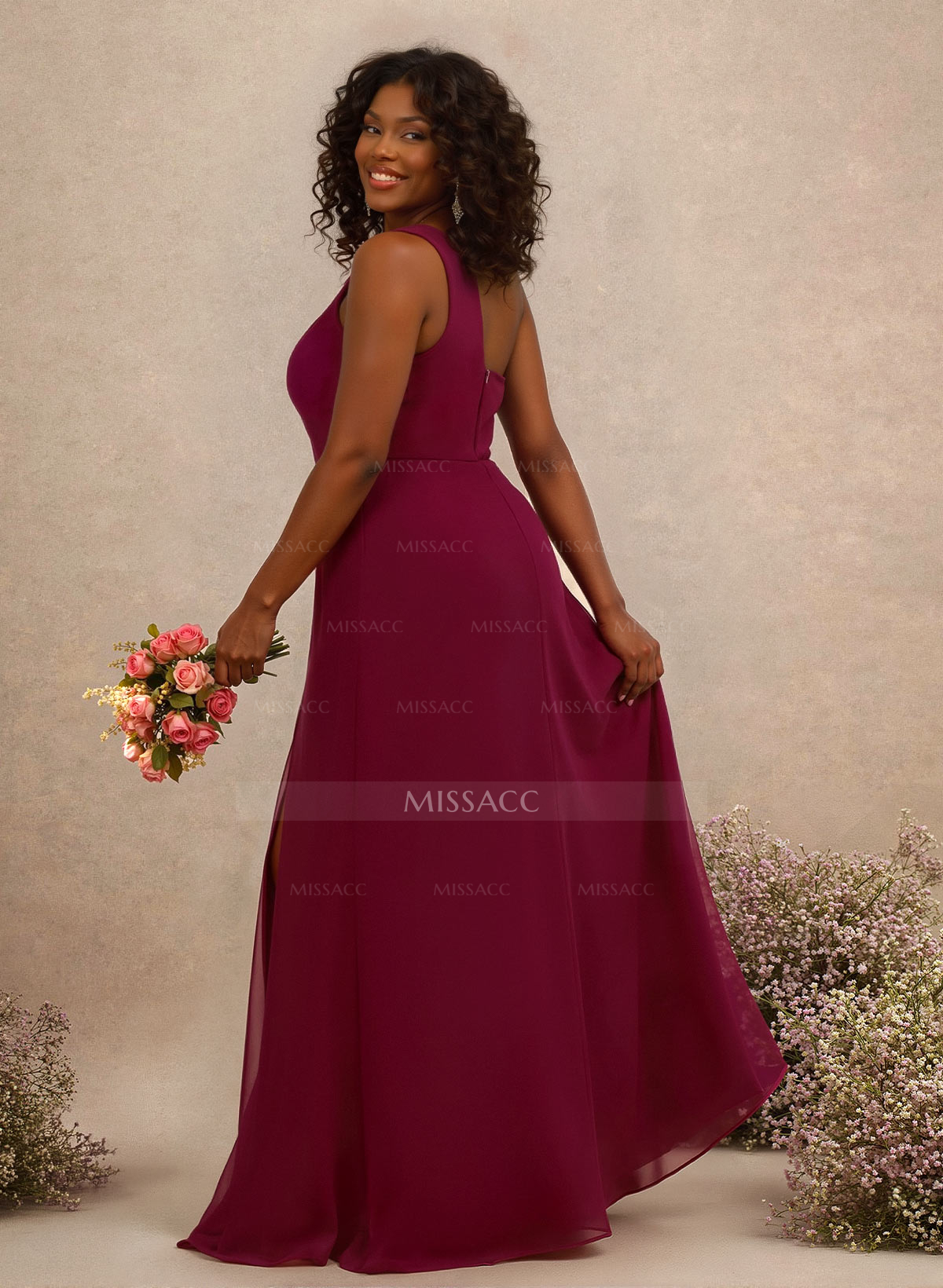 Classic One-Shoulder A-Line High Split Floor-Length Chiffon Bridesmaid Dresses
