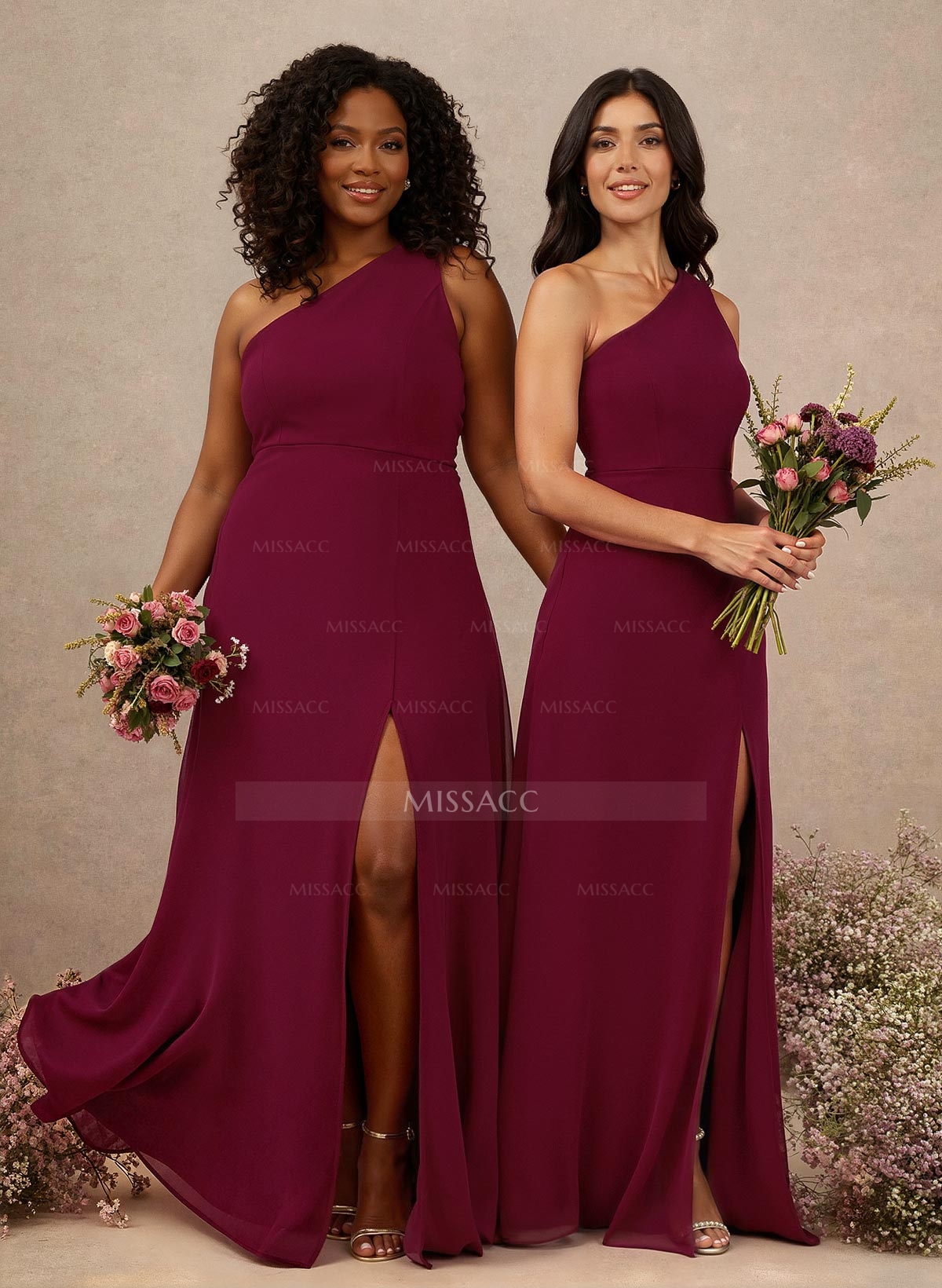 Classic One-Shoulder A-Line High Split Floor-Length Chiffon Bridesmaid Dresses