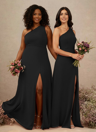 Classic One-Shoulder A-Line High Split Floor-Length Chiffon Bridesmaid Dresses