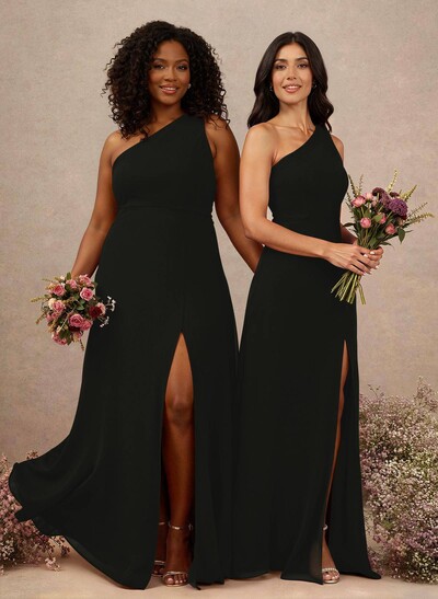 Classic One-Shoulder A-Line High Split Floor-Length Chiffon Bridesmaid Dresses