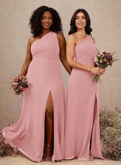 Classic One-Shoulder A-Line High Split Floor-Length Chiffon Bridesmaid Dresses