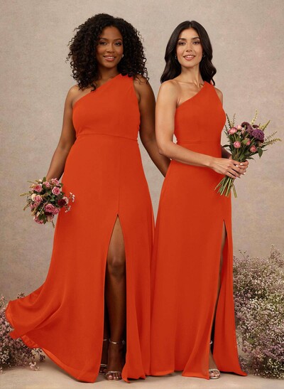 Classic One-Shoulder A-Line High Split Floor-Length Chiffon Bridesmaid Dresses