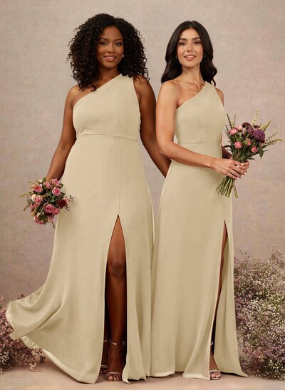 Classic One-Shoulder A-Line High Split Floor-Length Chiffon Bridesmaid Dresses
