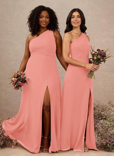 Classic One-Shoulder A-Line High Split Floor-Length Chiffon Bridesmaid Dresses