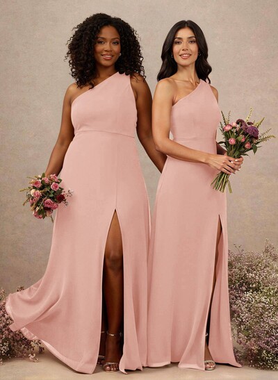Classic One-Shoulder A-Line High Split Floor-Length Chiffon Bridesmaid Dresses