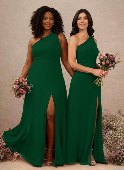 Classic One-Shoulder A-Line High Split Floor-Length Chiffon Bridesmaid Dresses