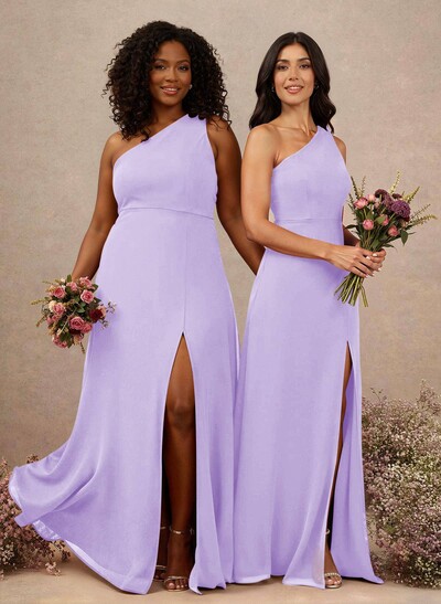 Classic One-Shoulder A-Line High Split Floor-Length Chiffon Bridesmaid Dresses