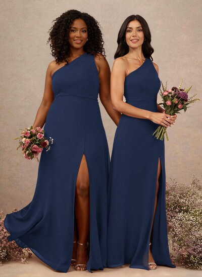 Classic One-Shoulder A-Line High Split Floor-Length Chiffon Bridesmaid Dresses