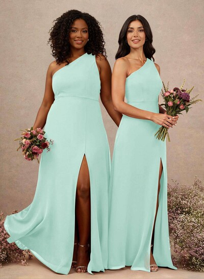 Classic One-Shoulder A-Line High Split Floor-Length Chiffon Bridesmaid Dresses