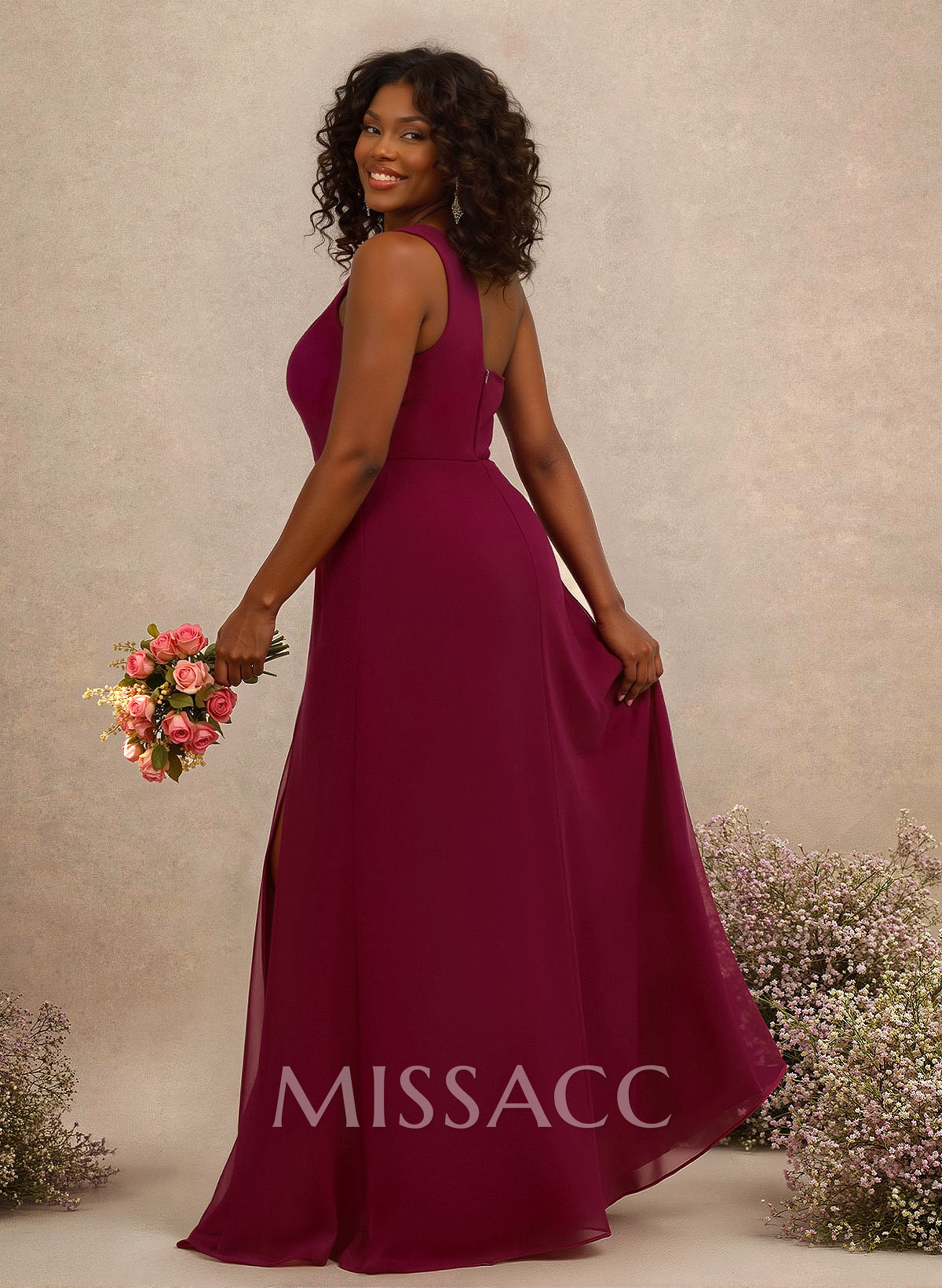 Classic One-Shoulder A-Line High Split Floor-Length Chiffon Bridesmaid Dresses Classic One-Shoulder A-Line High Split Floor-Length Chiffon Bridesmaid Dresses