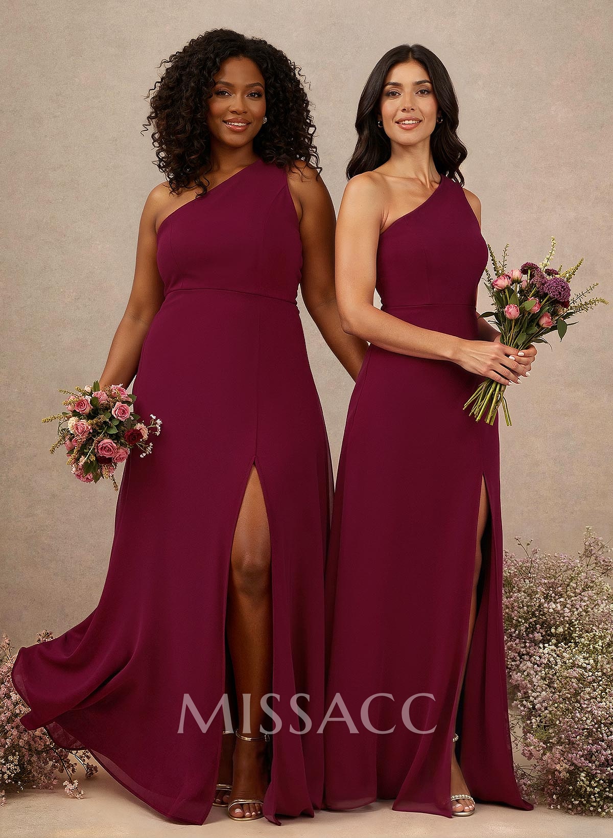 Classic One-Shoulder A-Line High Split Floor-Length Chiffon Bridesmaid Dresses Classic One-Shoulder A-Line High Split Floor-Length Chiffon Bridesmaid Dresses