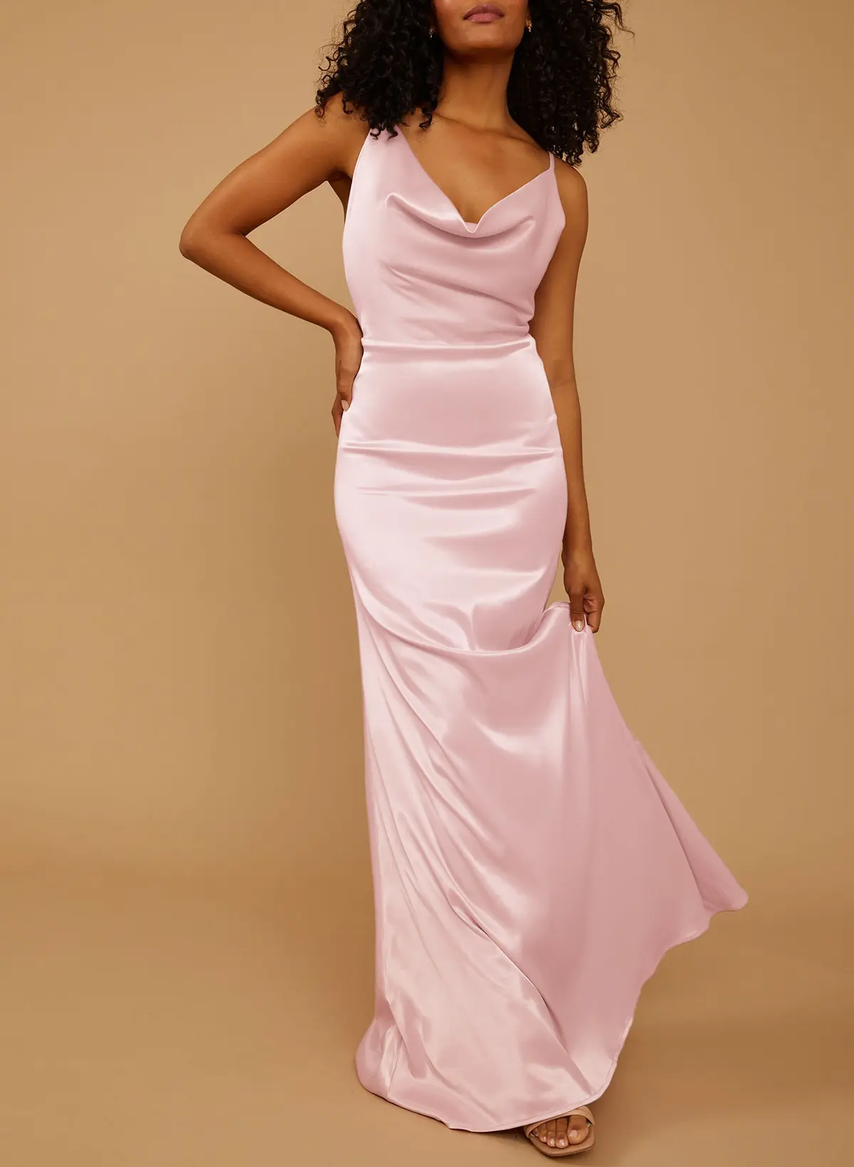 Missacc Blushing Pink Bridesmaid Unique Cowl Neck Bow(s) Lace Up Floor-Length Silk Like Satin Bridesmaid Dresses