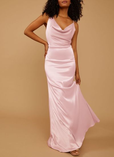 Unique Cowl Neck Bow(s) Lace Up Floor-Length Silk Like Satin Bridesmaid Dresses