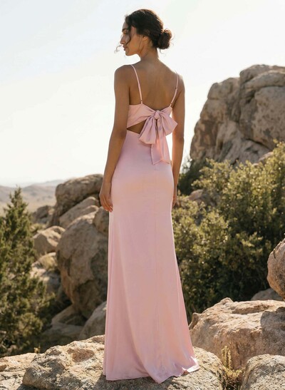 Unique Cowl Neck Bow(s) Lace Up Floor-Length Silk Like Satin Bridesmaid Dresses