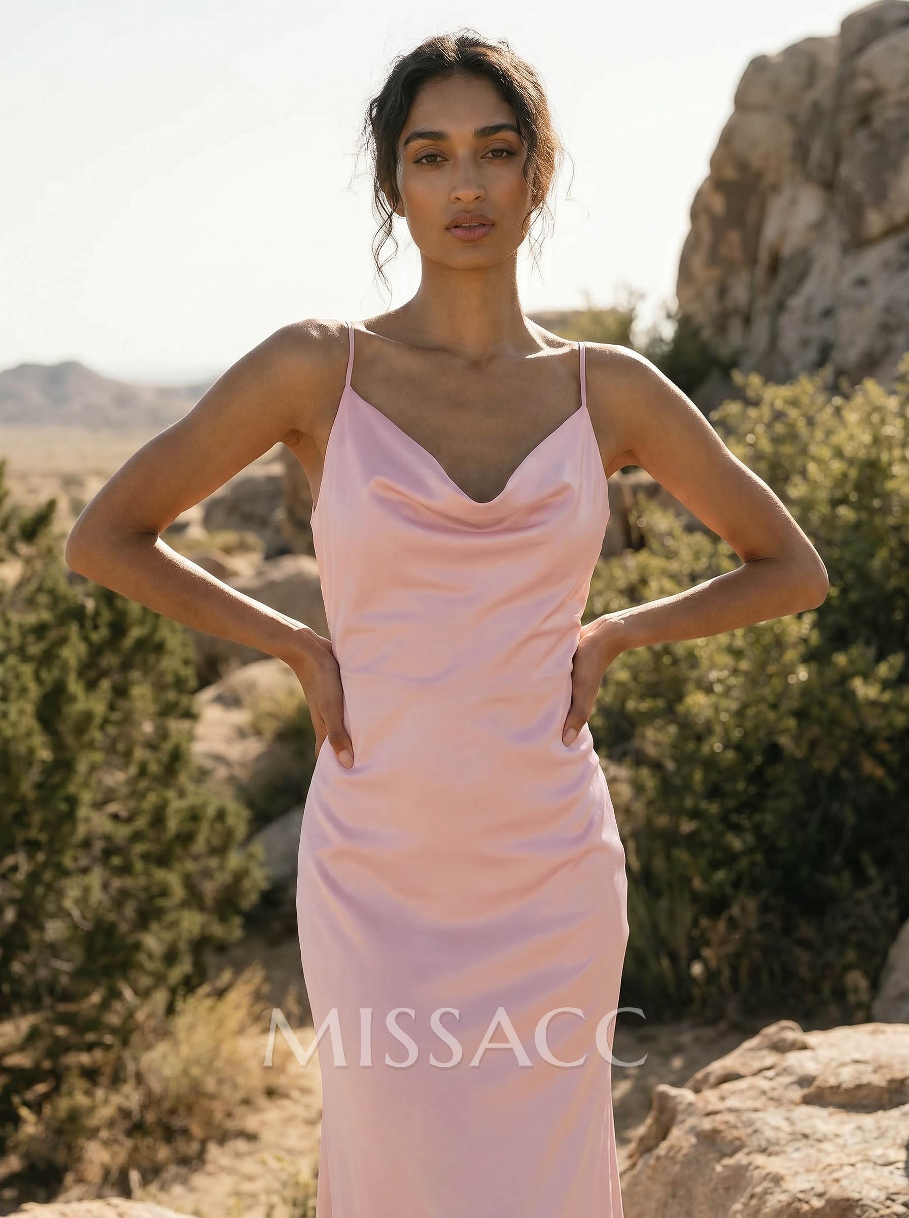Unique Cowl Neck Bow(s) Lace Up Floor-Length Silk Like Satin Bridesmaid Dresses