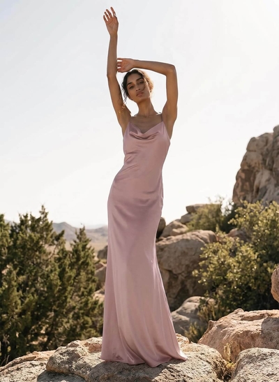 Unique Cowl Neck Bow(s) Lace Up Floor-Length Silk Like Satin Bridesmaid Dresses