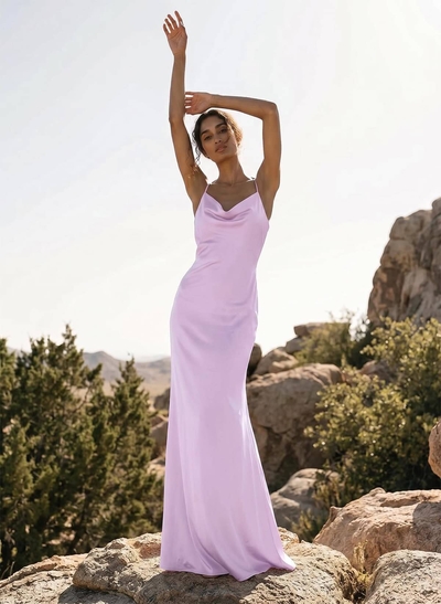 Unique Cowl Neck Maxi Bridesmaid Dresses with Bow & Lace-Up Back in Silky Satin