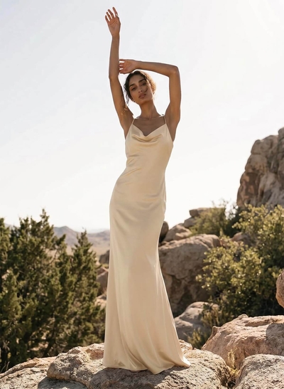 Unique Cowl Neck Bow(s) Lace Up Floor-Length Silk Like Satin Bridesmaid Dresses
