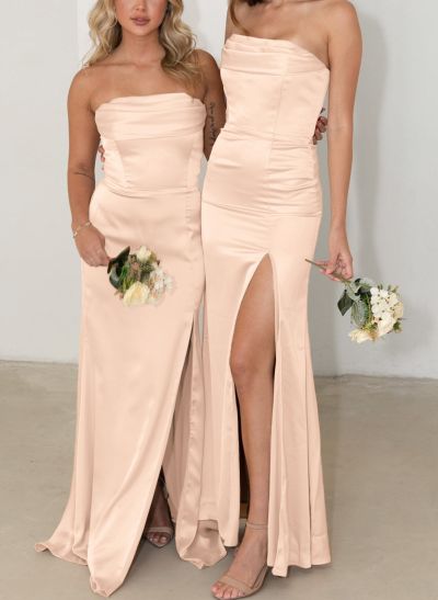 Classy Strapless High Split Floor-Length Silk Like Satin Bridesmaid Dresses