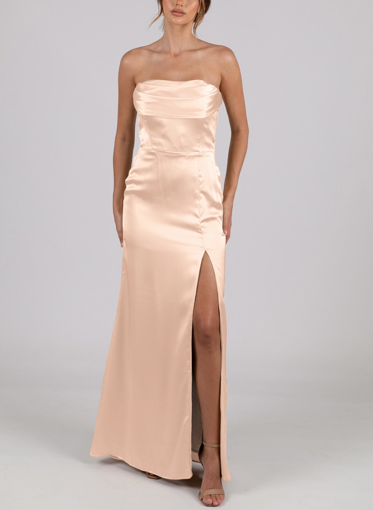 Classy Strapless High Split Floor-Length Silk Like Satin Bridesmaid Dresses