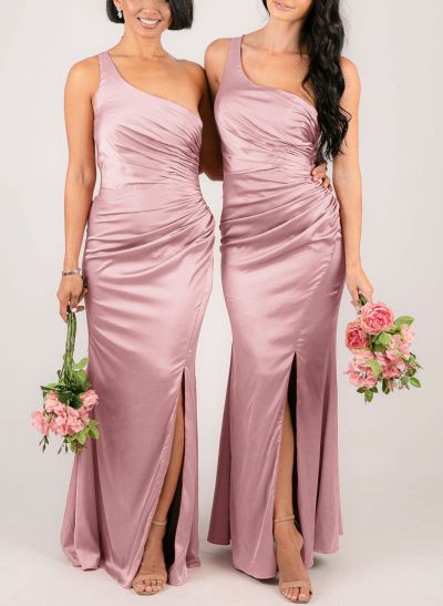 Elegant Ruched One-Shoulder Silk Like Satin Bridesmaid Dresses With High Split