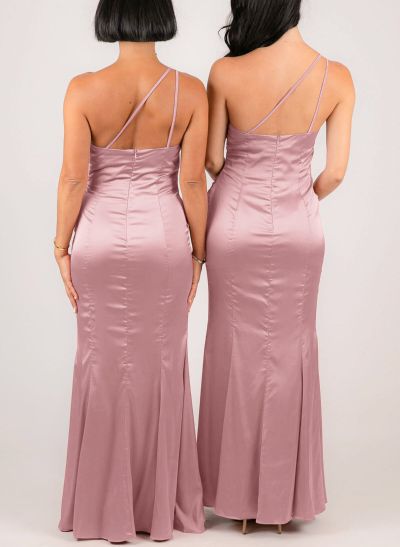 Elegant Ruched One-Shoulder Silk Like Satin Bridesmaid Dresses With High Split