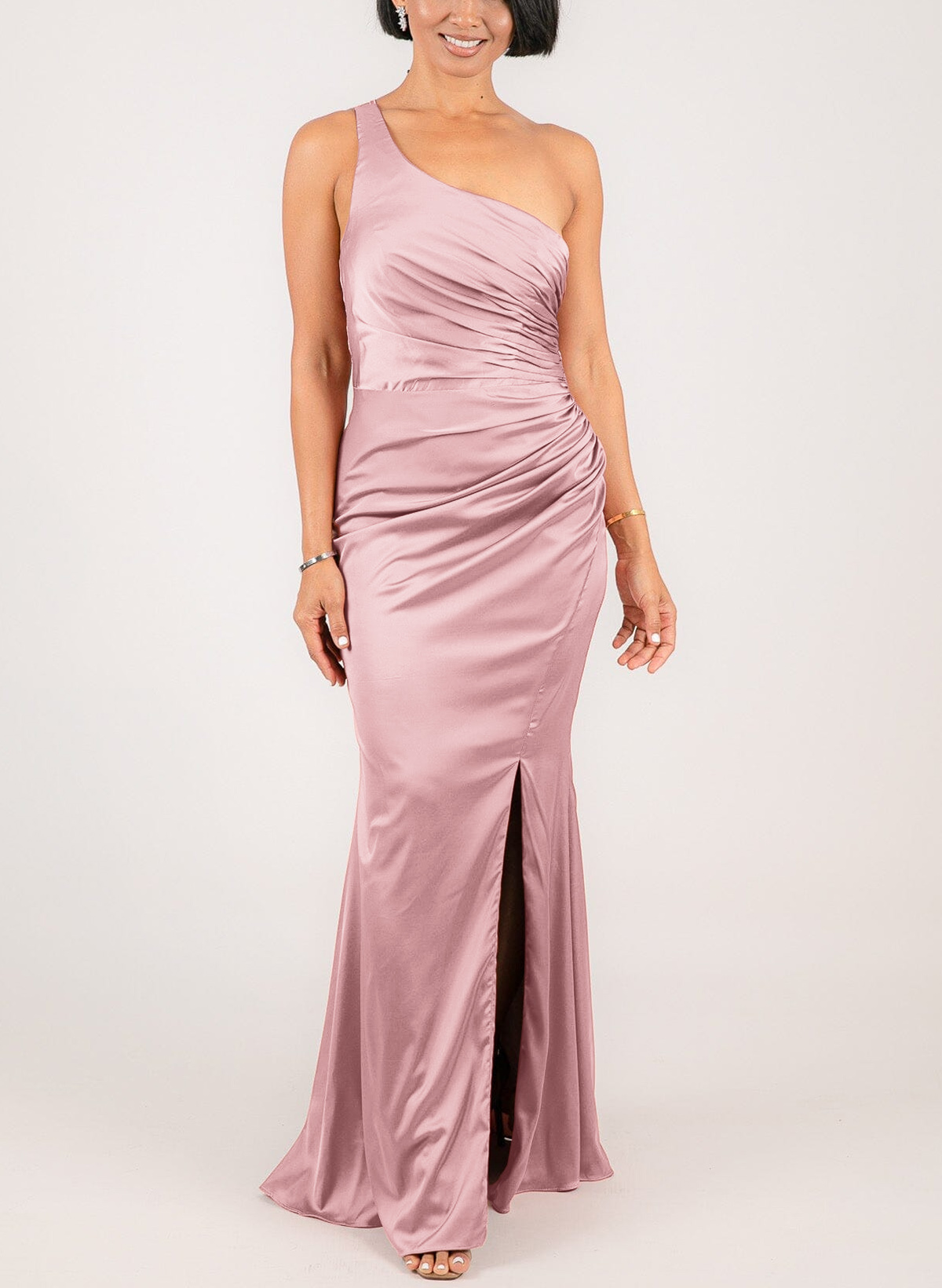 Elegant Ruched One-Shoulder Silk Like Satin Bridesmaid Dresses With High Split