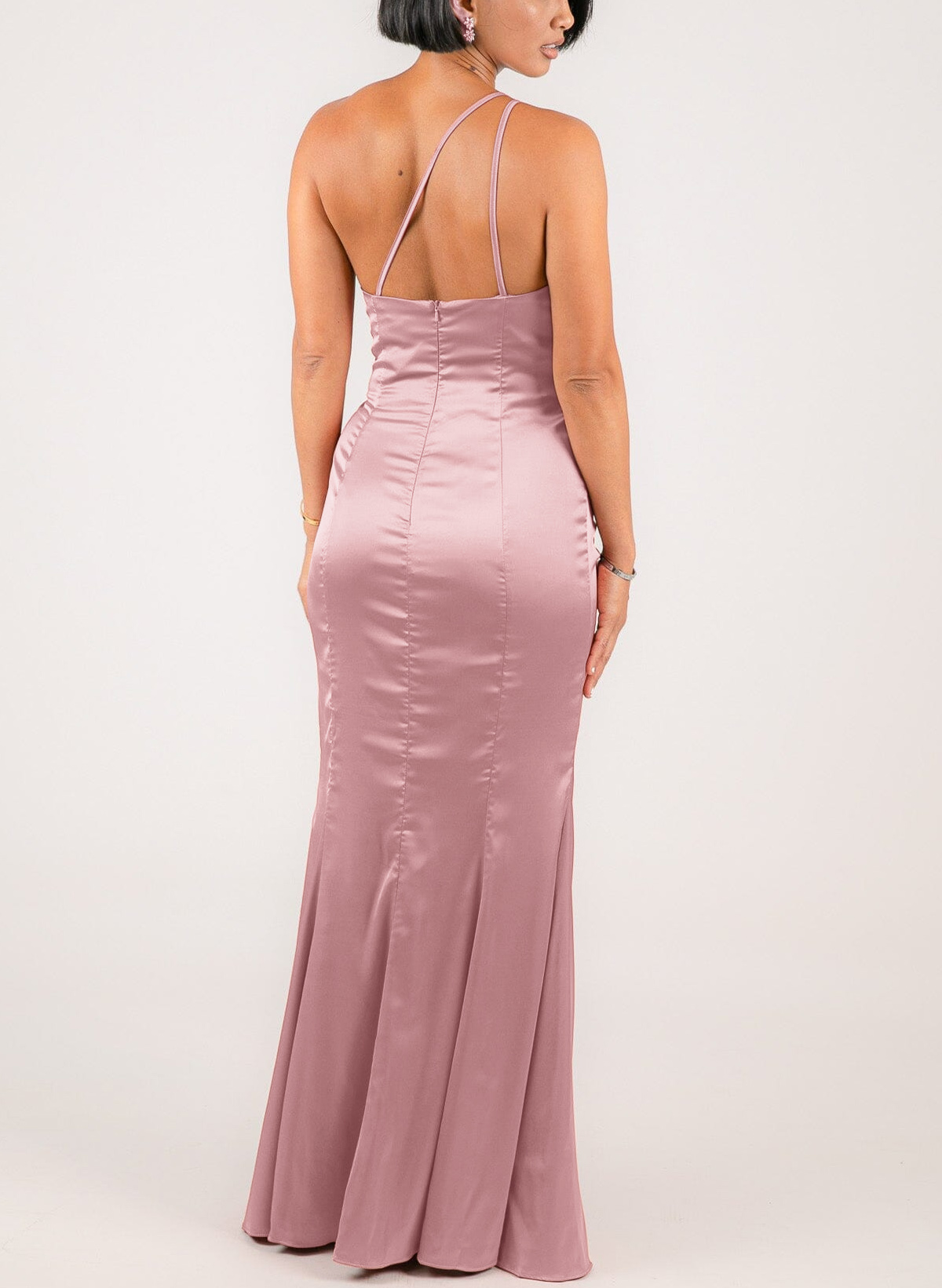 Elegant Ruched One-Shoulder Silk Like Satin Bridesmaid Dresses With High Split