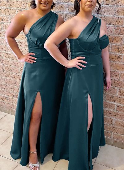 Elegant Sequins One-Shoulder Acetate Satin Bridesmaid Dresses With Sweeping Side Drape