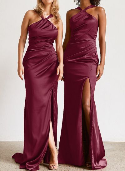 Elegant Ruched Halter Sweep Train Silk Like Satin Bridesmaid Dresses With High Split