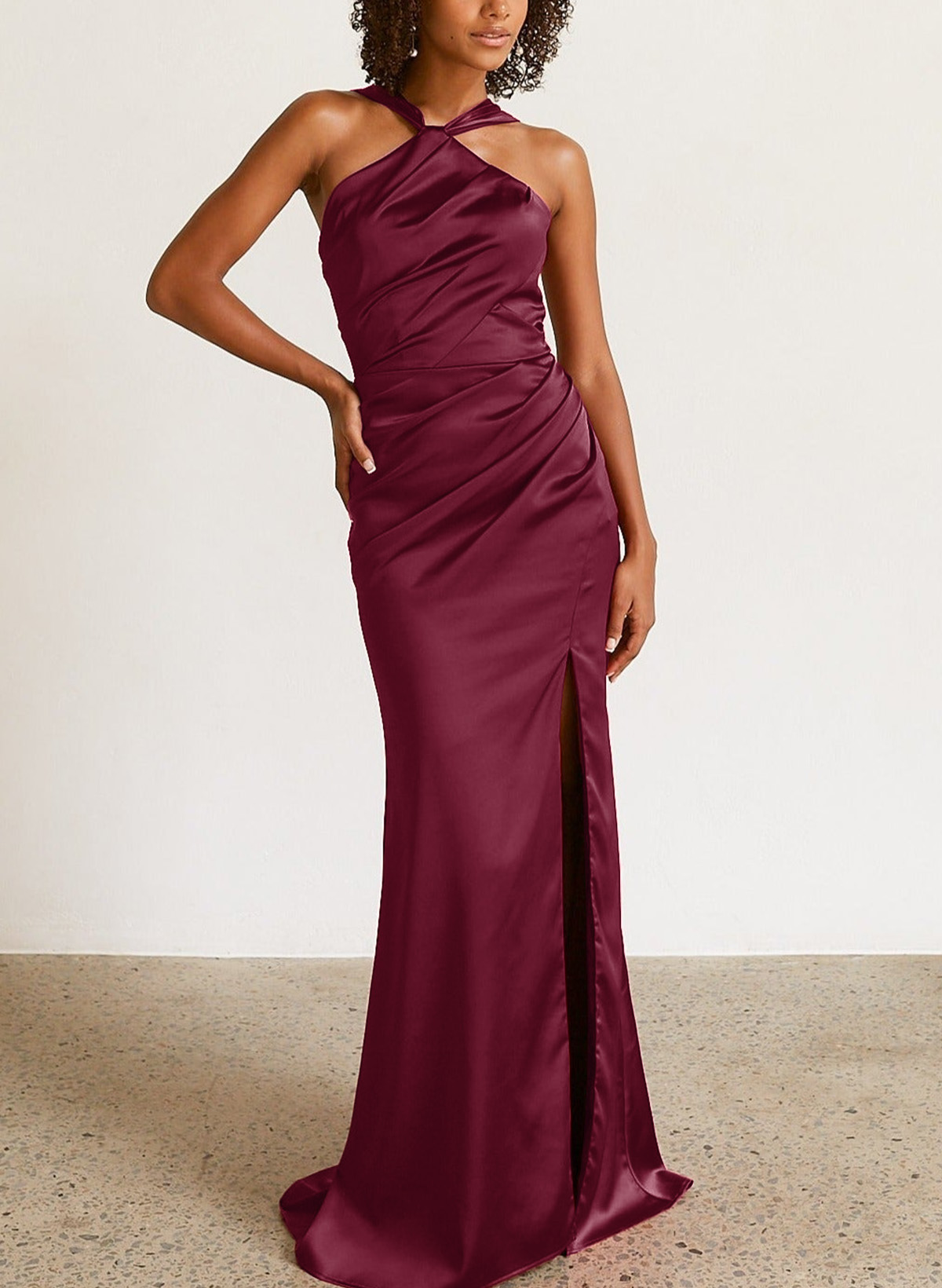 Elegant Ruched Halter Sweep Train Silk Like Satin Bridesmaid Dresses With High Split