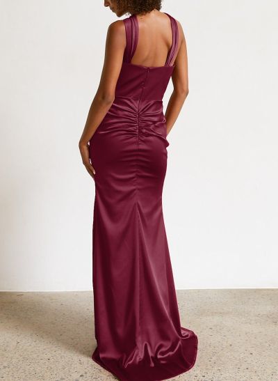 Elegant Ruched Halter Sweep Train Silk Like Satin Bridesmaid Dresses With High Split