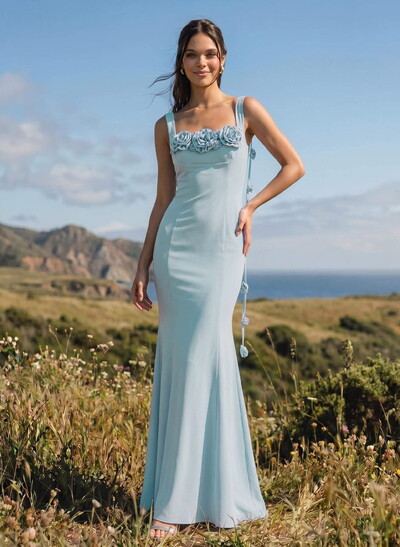 Unique Flower(s) Square Neckline Floor-Length Elastic Satin Bridesmaid Dresses