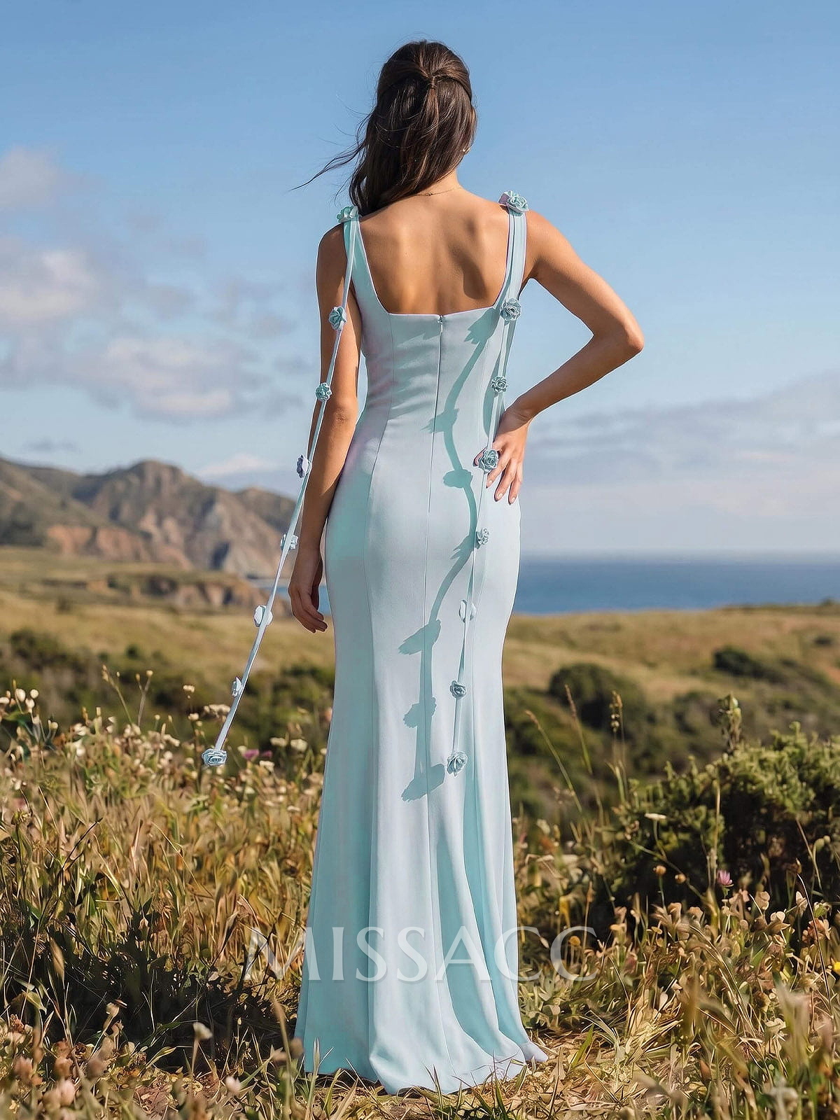 Unique Flower(s) Square Neckline Floor-Length Elastic Satin Bridesmaid Dresses