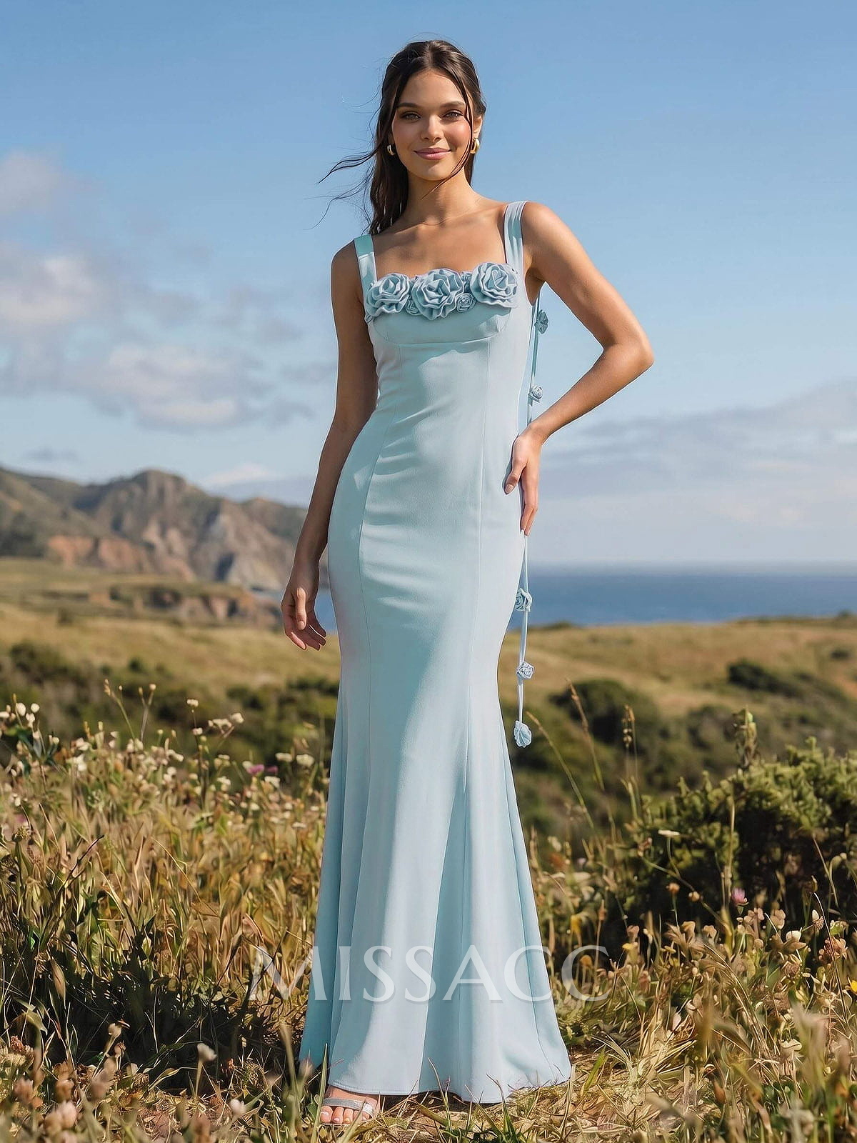 Unique Flower(s) Square Neckline Floor-Length Elastic Satin Bridesmaid Dresses
