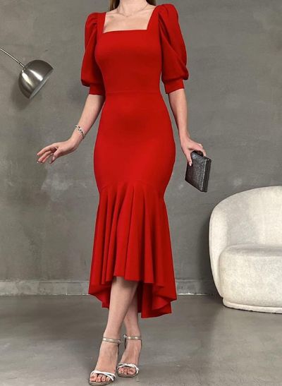 Classic Trumpet Square Neckline Lantern Sleeves Elastic Satin Cocktail Dresses