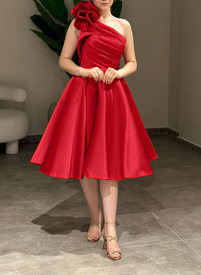 Classy Ruched A-Line One-Shoulder Satin Cocktail Dresses With Ruffle