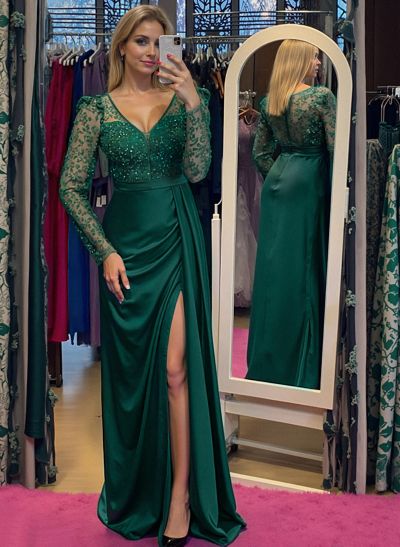 Unique Sheath/Column V-Neck Long Sleeves Evening Dresses With Lace/High Split