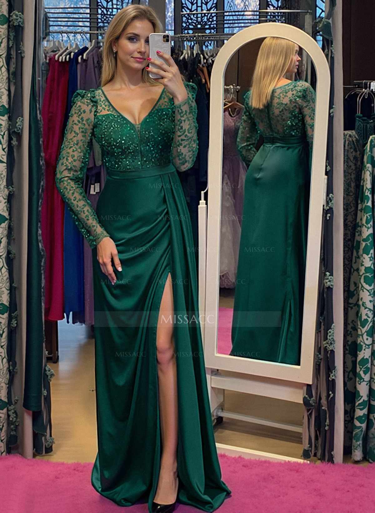 Unique Sheath/Column V-Neck Long Sleeves Evening Dresses With Lace/High Split