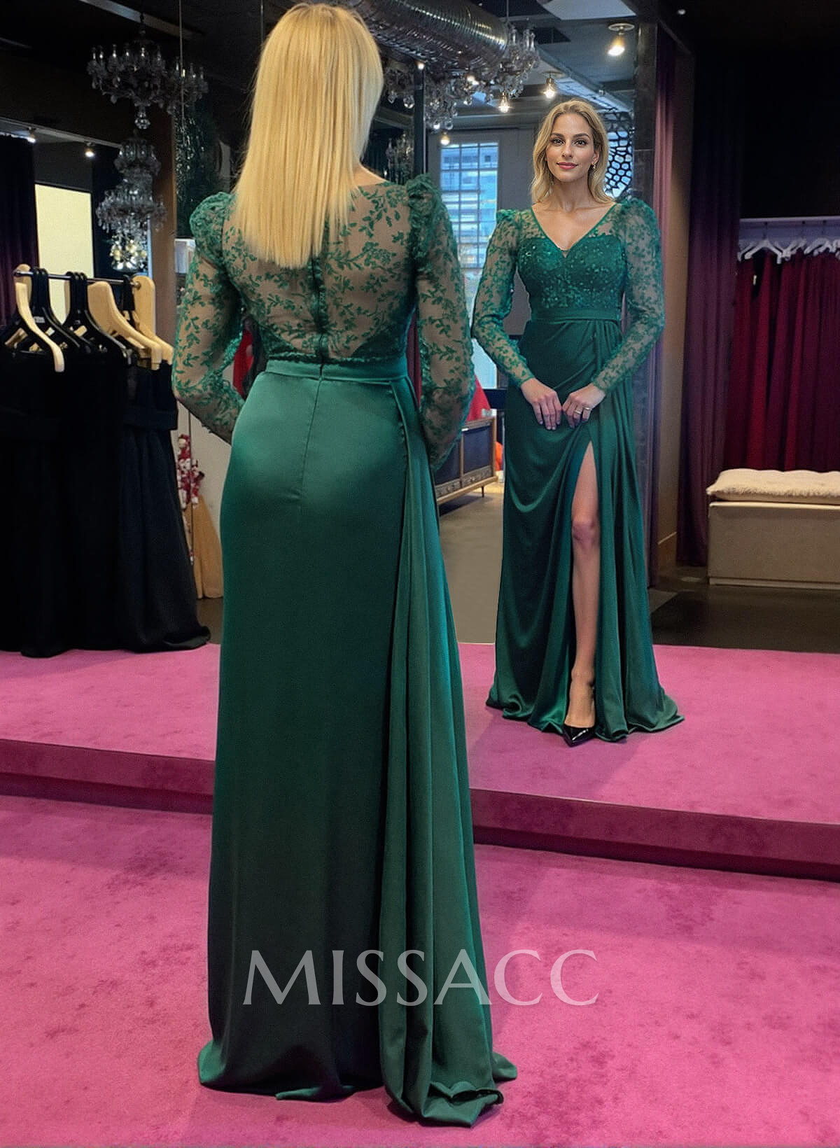 Unique Sheath/Column V-Neck Long Sleeves Evening Dresses With Lace/High Split