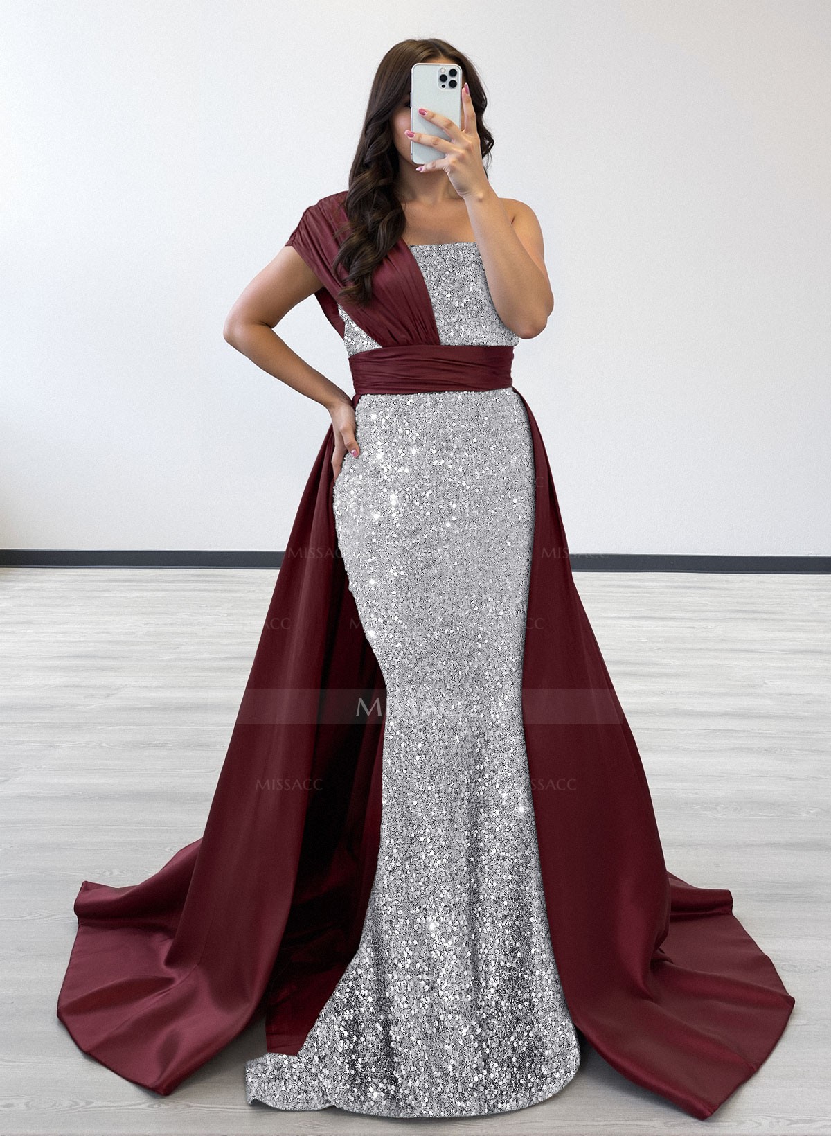 Sparkly Trumpet/Mermaid One-Shoulder Sweep Train Satin Evening Dresses