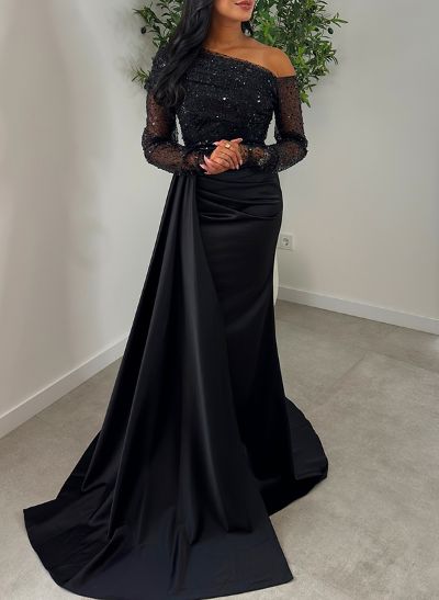 Sheath/Column Asymmetrical Long Sleeves Evening Dresses With Sweeping Side Drape