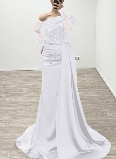 Sheath/Column Asymmetrical Long Sleeves Evening Dresses With Sweeping Right Side Drape