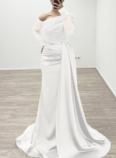 Sheath/Column Asymmetrical Long Sleeves Evening Dresses With Sweeping Right Side Drape