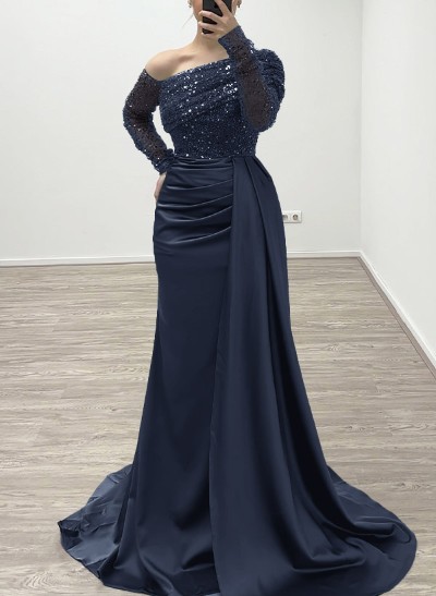 Sheath/Column Asymmetrical Long Sleeves Evening Dresses With Sweeping Right Side Drape Sheath/Column Asymmetrical Long Sleeves Evening Dresses With Sweeping Right Side Drape
