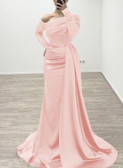 Sheath/Column Asymmetrical Long Sleeves Evening Dresses With Sweeping Right Side Drape