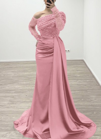 Sheath/Column Asymmetrical Long Sleeves Evening Dresses With Sweeping Right Side Drape