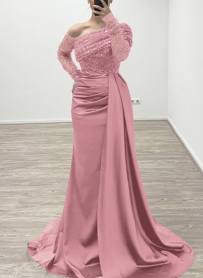 Sheath/Column Asymmetrical Long Sleeves Evening Dresses With Sweeping Right Side Drape Sheath/Column Asymmetrical Long Sleeves Evening Dresses With Sweeping Right Side Drape