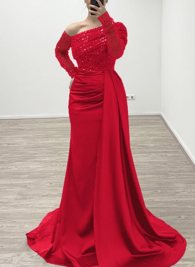 Sheath/Column Asymmetrical Long Sleeves Evening Dresses With Sweeping Right Side Drape Sheath/Column Asymmetrical Long Sleeves Evening Dresses With Sweeping Right Side Drape